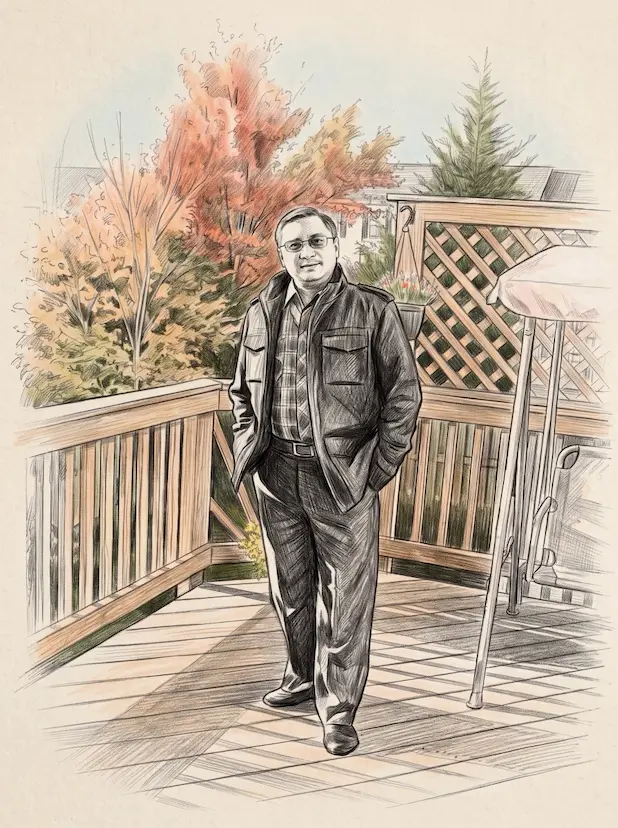 Pencil and watercolour sketch of Nabin in glasses and a jacket, standing on a wooden deck with autumn trees behind him