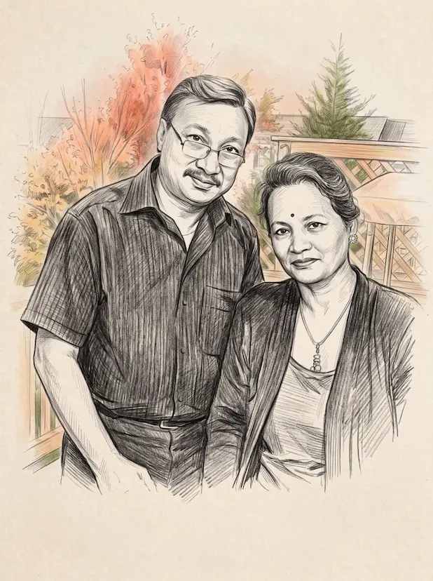 Pencil and watercolour sketch of Nabin and his wife Cham standing side by side and smiling