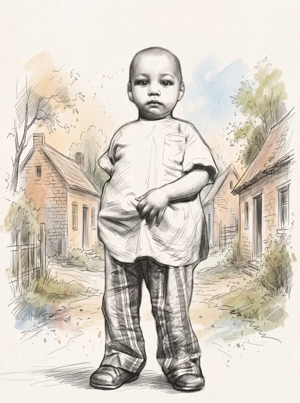 Pencil and watercolour sketch of Nabin as a young boy, standing in a lane between brick houses