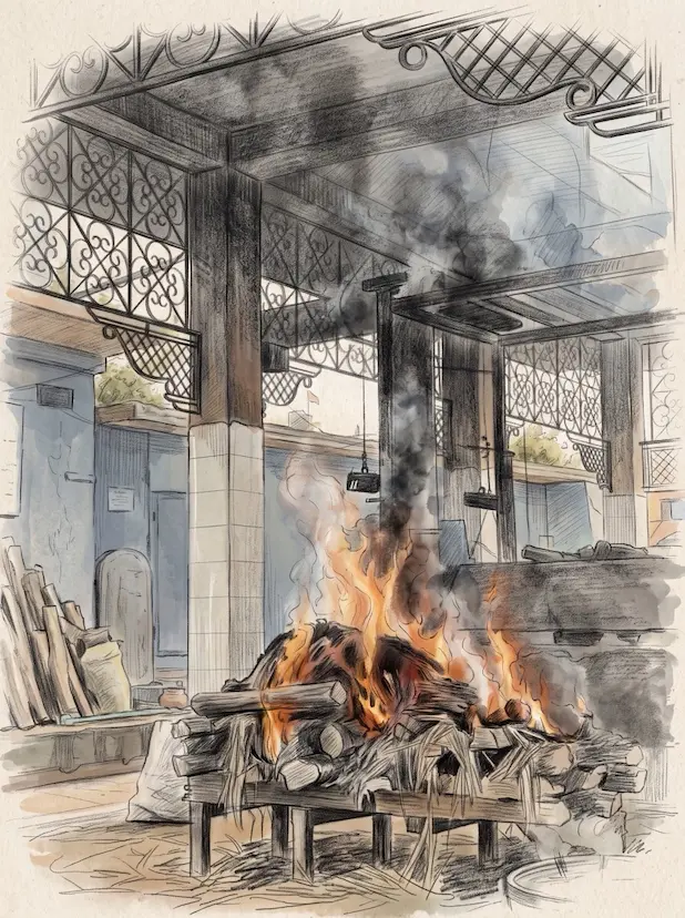Pencil and watercolour sketch of a wooden funeral pyre burning beneath a covered cremation pavilion