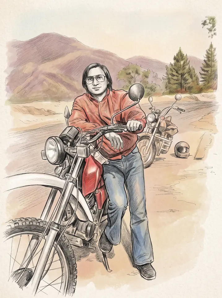 Pencil and watercolour sketch of young Nabin in glasses and a red jacket, leaning on a motorcycle on a dirt road with hills and another motorcycle behind him