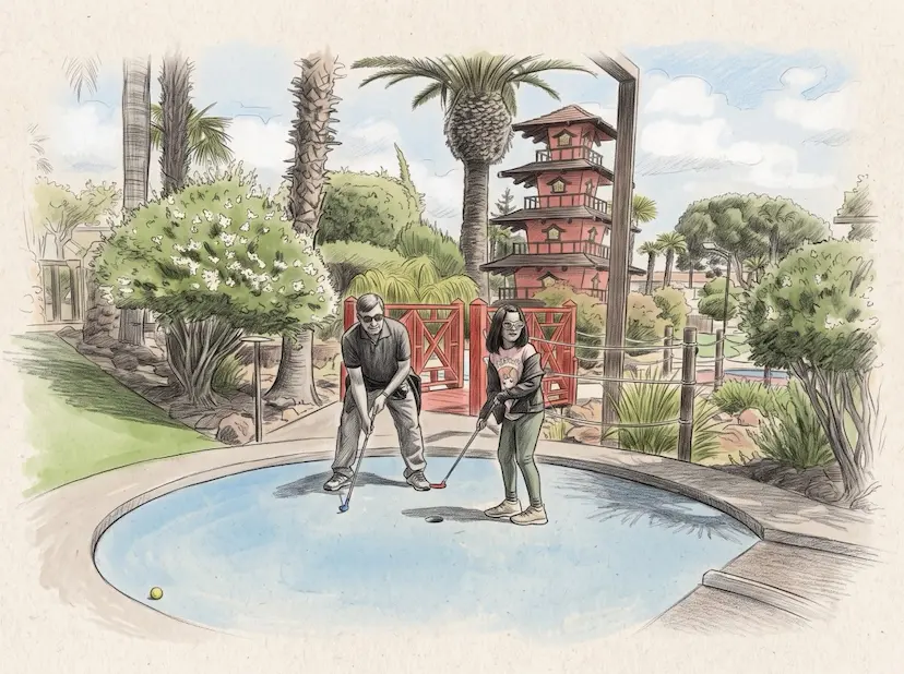 Pencil and watercolour sketch of Nabin playing mini golf with a young girl, palm trees and a red pagoda behind them